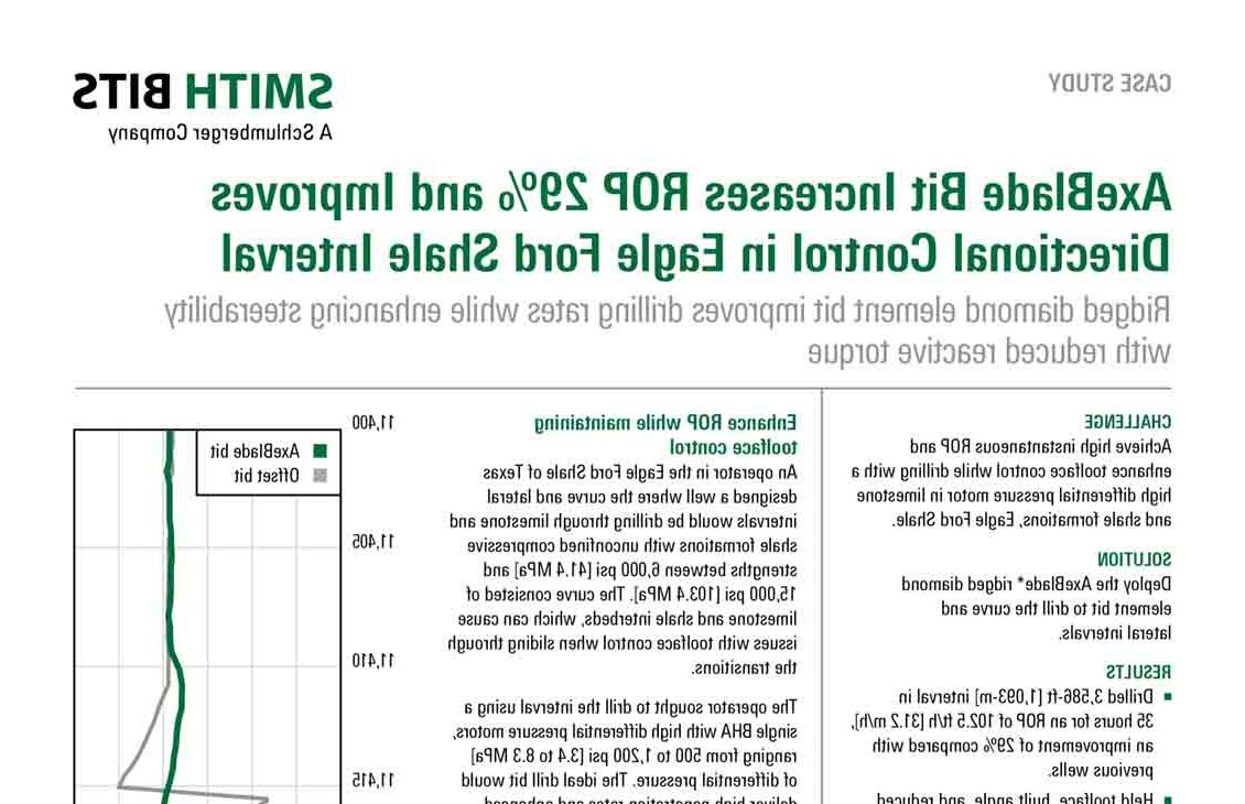 AxeBlade钻头提高了29%的机械钻速，并改善了Eagle Ford页岩段的定向控制——ridge diamond element钻头提高了钻井速度，同时降低了反扭矩，提高了导向性