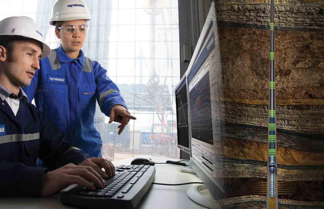 Two Schlumberger workers reviewing data on a monitor (right) and illustration of the 四方 downhole reservoir testing system downhole (left).